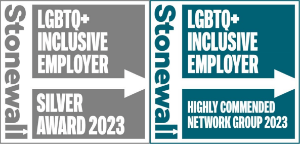 Stonewall LGBTQ+ Inclusive Employer Silver Award 2023 award logo and LGBTQ+ Inclusive Employer Highly Commended Network Group 2023 award logo